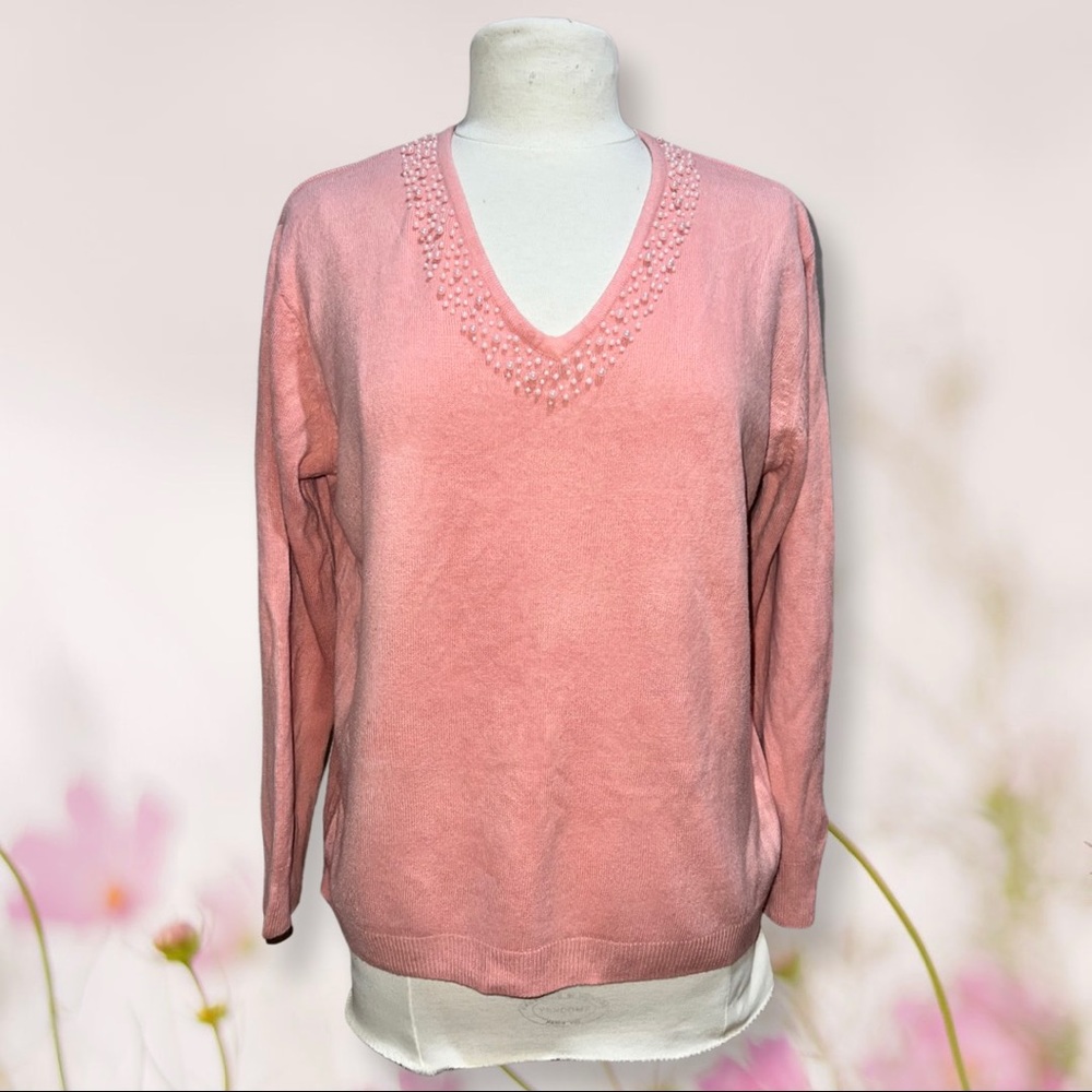 Pink soft sweater blouse top with pearls